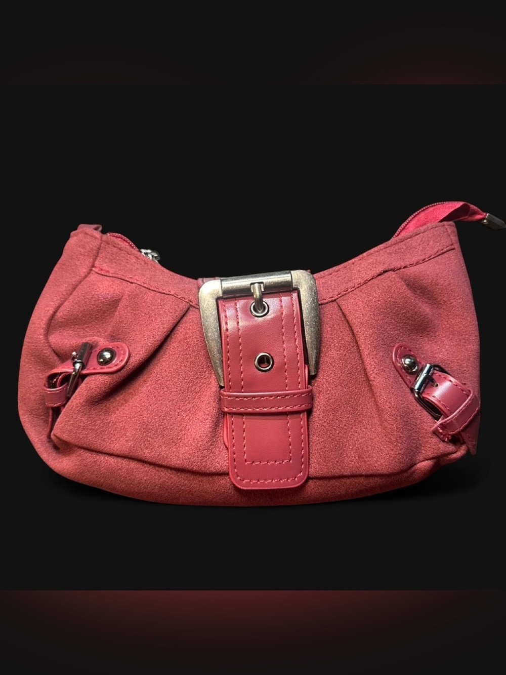 Faux Suede Red Belt-Accent Shoulder Bag